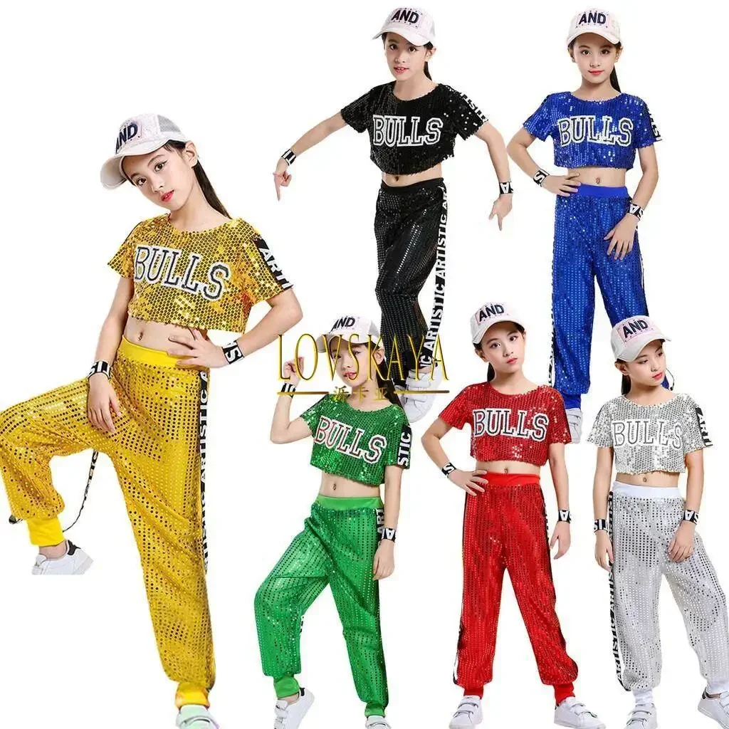 Jazz Sequins Dance Costume Children Hip Hop School Team Activities Performance Tshirt  Pants Set