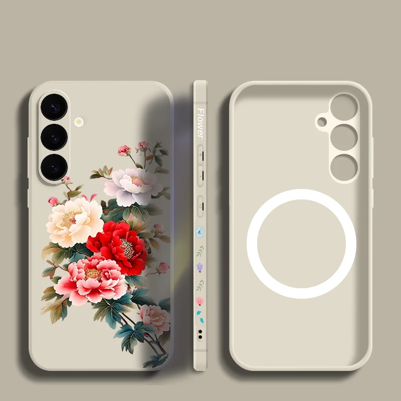 Vintage Floral Case For Samsung Galaxy S26 S25 Ultra S24 S23 FE S22 Plus S21 Built-in Metal Plate Magnetic Silicone Cover Funda