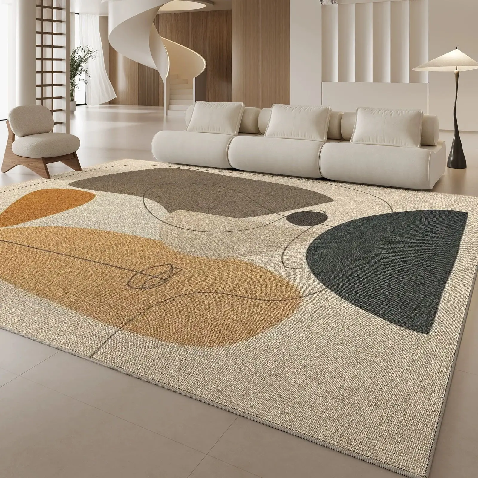 VIKAMA Earth Tone Curve Color Block Area Rug Non Slip Washable Living Room Carpet Modern Abstract Minimalist Home Floor Rug Mat