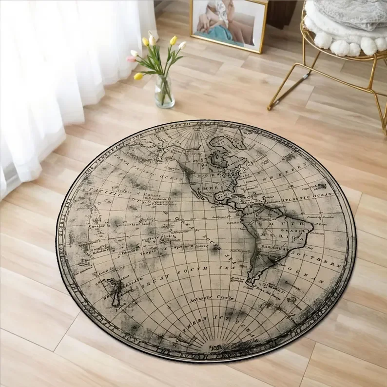 World Map Compass Round Rug Travel Lover Adventurer Home Decor Carpet Nursery Kids Room PlayMat Living Room Circle Floor Mat