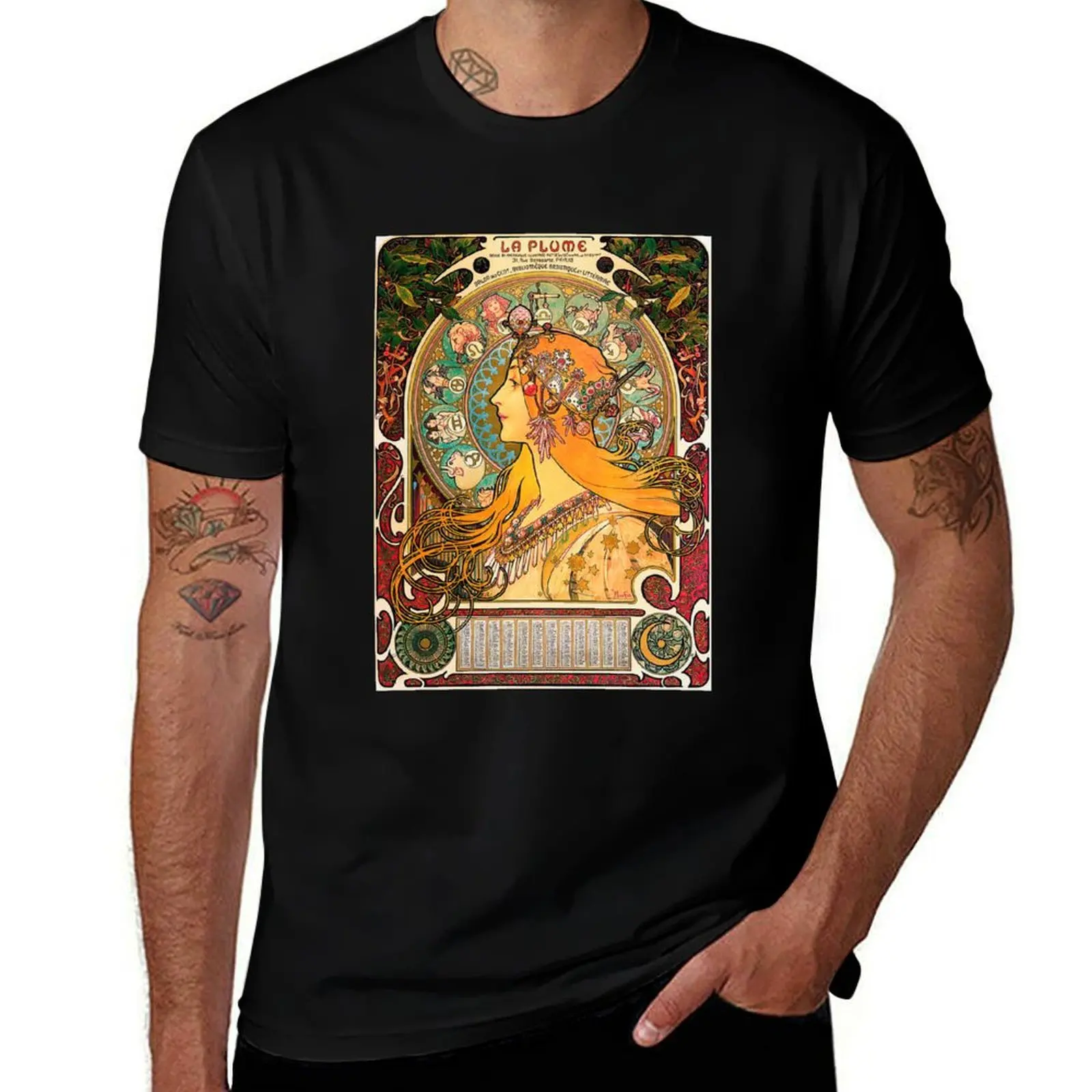 HD. Zodiac (Second version), by Alphonse Mucha (1896) HIGH DEFINITION T-Shirt Heavy Duty Casual Work Tee T-Shirt