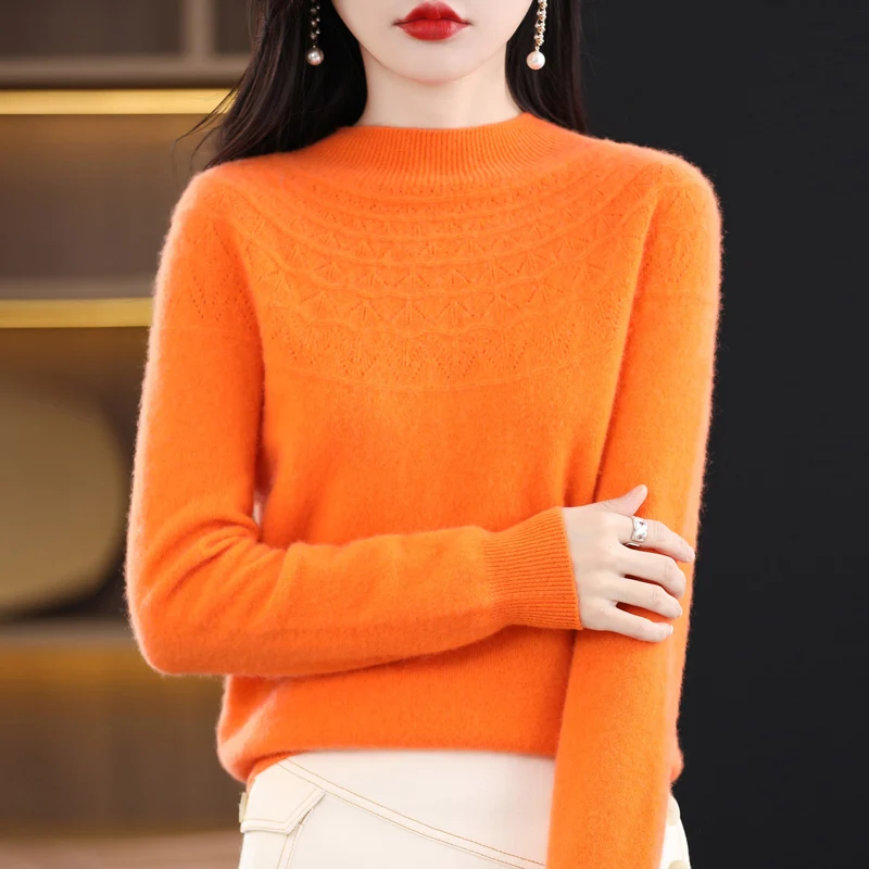 Spring And Summer New Pure Wool Thin Sweater Round Neck Hollow Ladies Long Sleeve Loose Commuter Joker Pullover