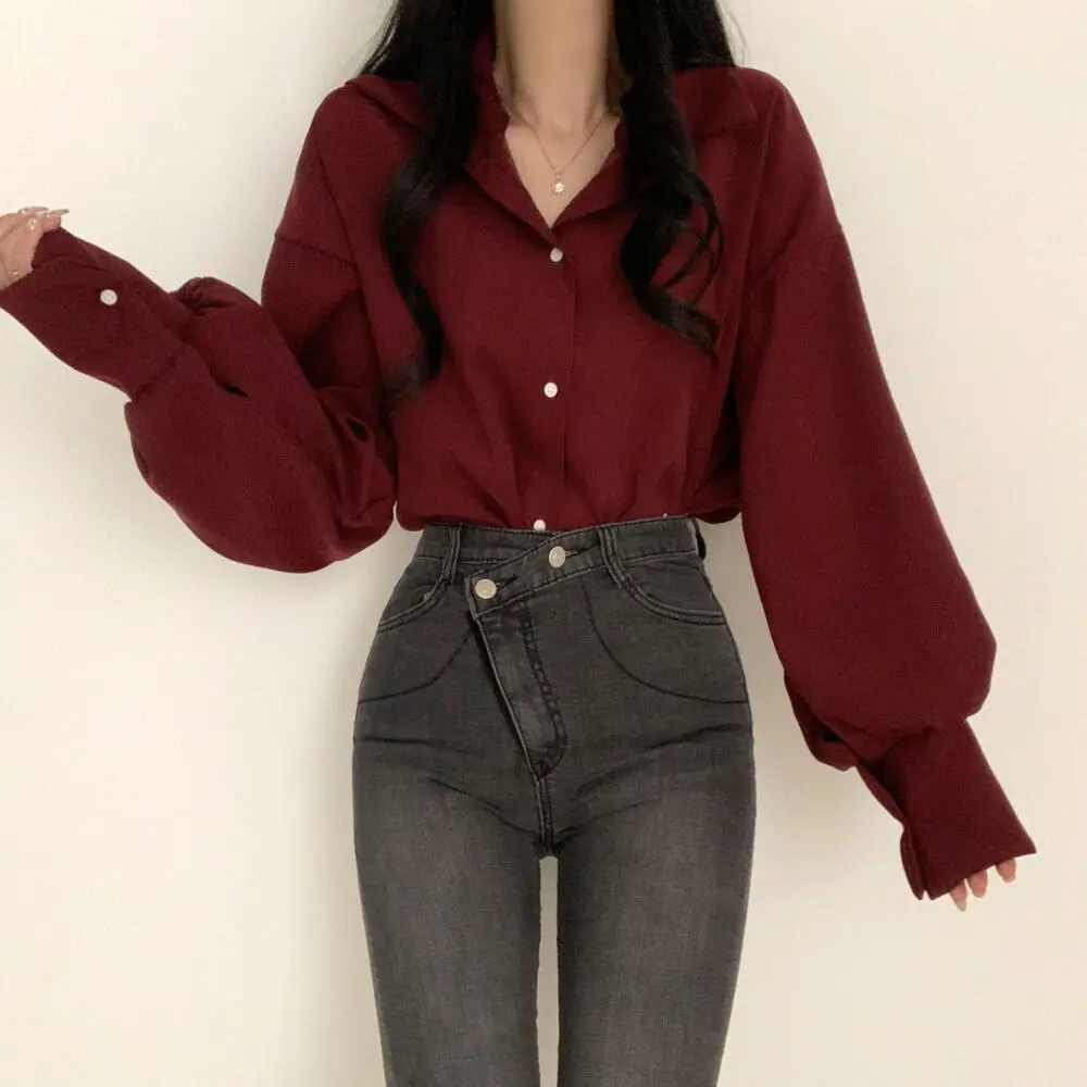 2026 New Women's Solid Color Lapel V Neck Button Down Puff Long Sleeve Loose Satin Blouse Comfort Trendy Versatile Daily Shirt