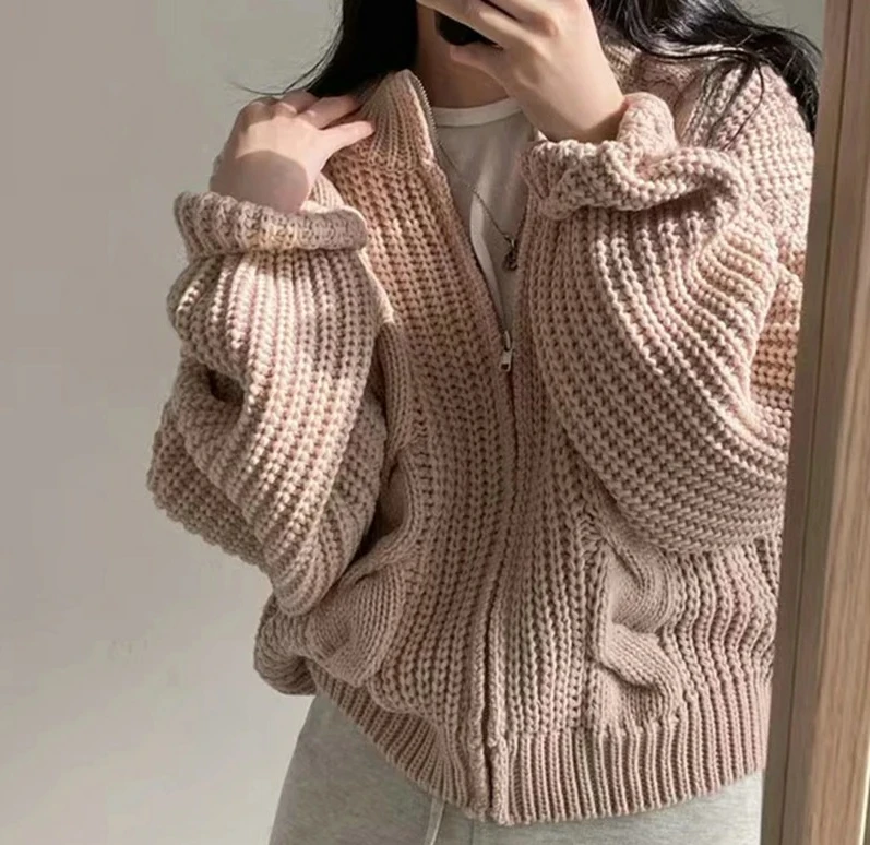 

Осень-зима женский свободный кардиган на молнии в рубчик пальто с рукавами-фонариками вязаный теплый свитер пальто женская повседневная куртка