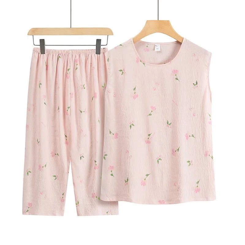 Conjunto de pijama holgado sin mangas para madre de mediana edad, ropa de dormir Floral de dos piezas, 4XL, Verano