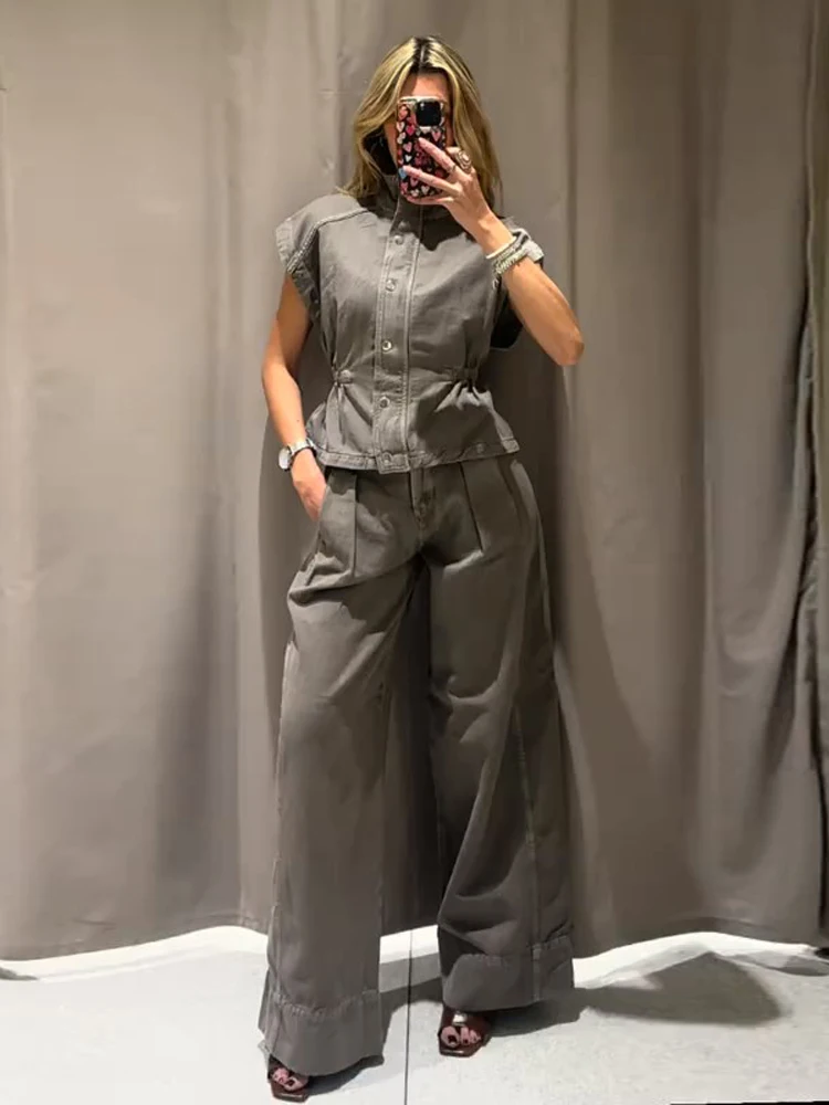 Damen-Hosenanzüge Denim Rollkragen Ärmellose Taillenbetonte Weste Hochgeschnittene Weite Hose Schicke Damen-Outfits Neue Partykleidung – Detail 13