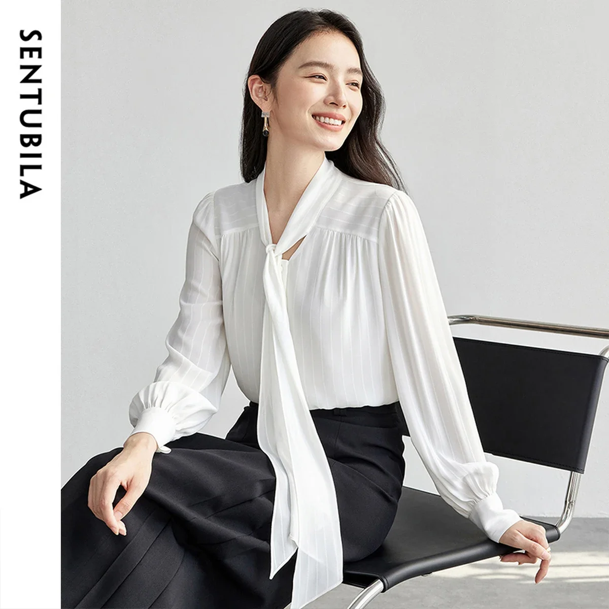 SENTUBILA Fashion White Shirt For Women 2025 Spring New Hanging Butterfly Ribbon V-Neck Chiffon Shirt Commuting Tops 151V57849