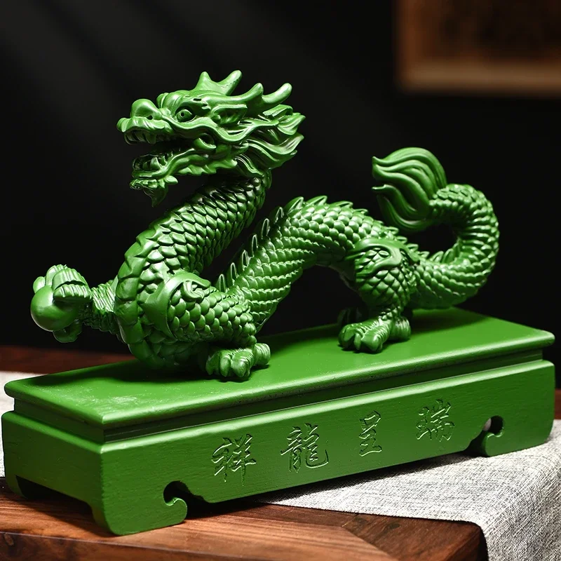 Solid wood green dragon ornament green wood five-clawed dragon handicrafts home living room decoration wood carving zodiac gift