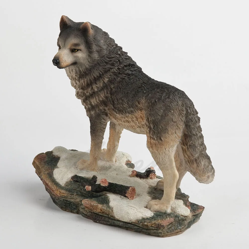 Realistic Gray Wolf Resin Figurine Snowy Rock Landscape Base Wild Animal Statue Home Desktop Decorative Ornament Collectible Art