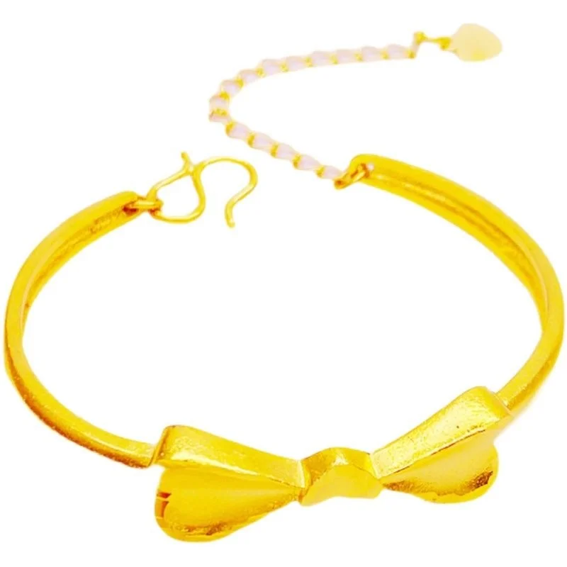 Plated 100% Real Gold 24k 999 Color Bracelet Open Girl Temperament Bowknot Does Pure 18K Jewelry
