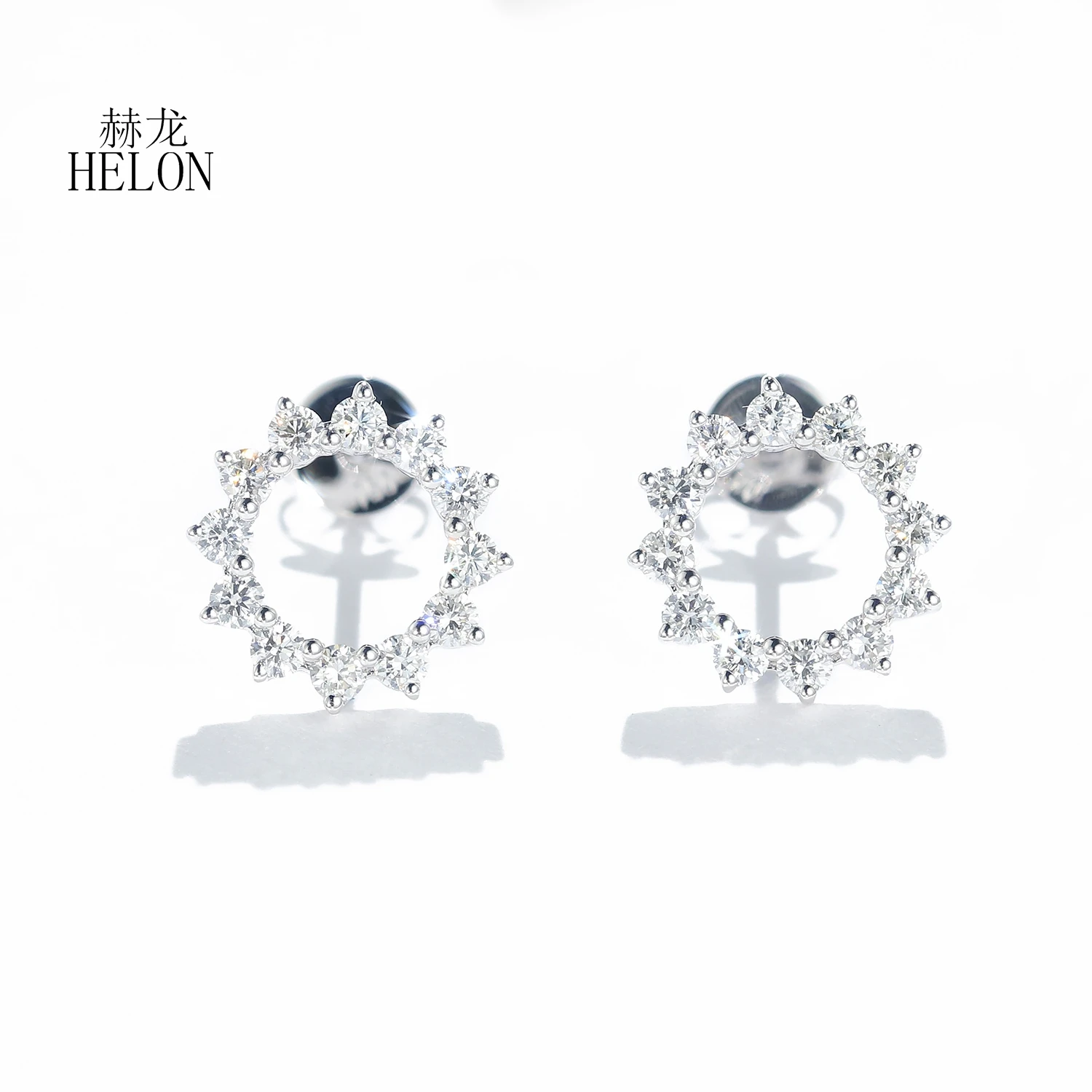 HELON Solid 14K AU585 White Gold 0.46CT H/SI Natural Diamond Stud Earrings Women Trendy Sun flower style Fine Jewelry Gift