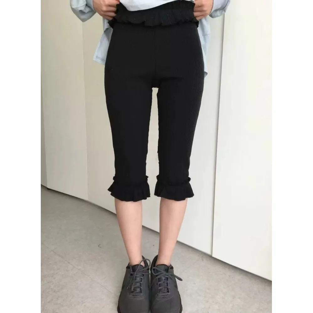High Waist Knitted Five-Point Pants Summer Elastic Lace Trim Korean Style Comfortable Base Layer Pants with Gathers