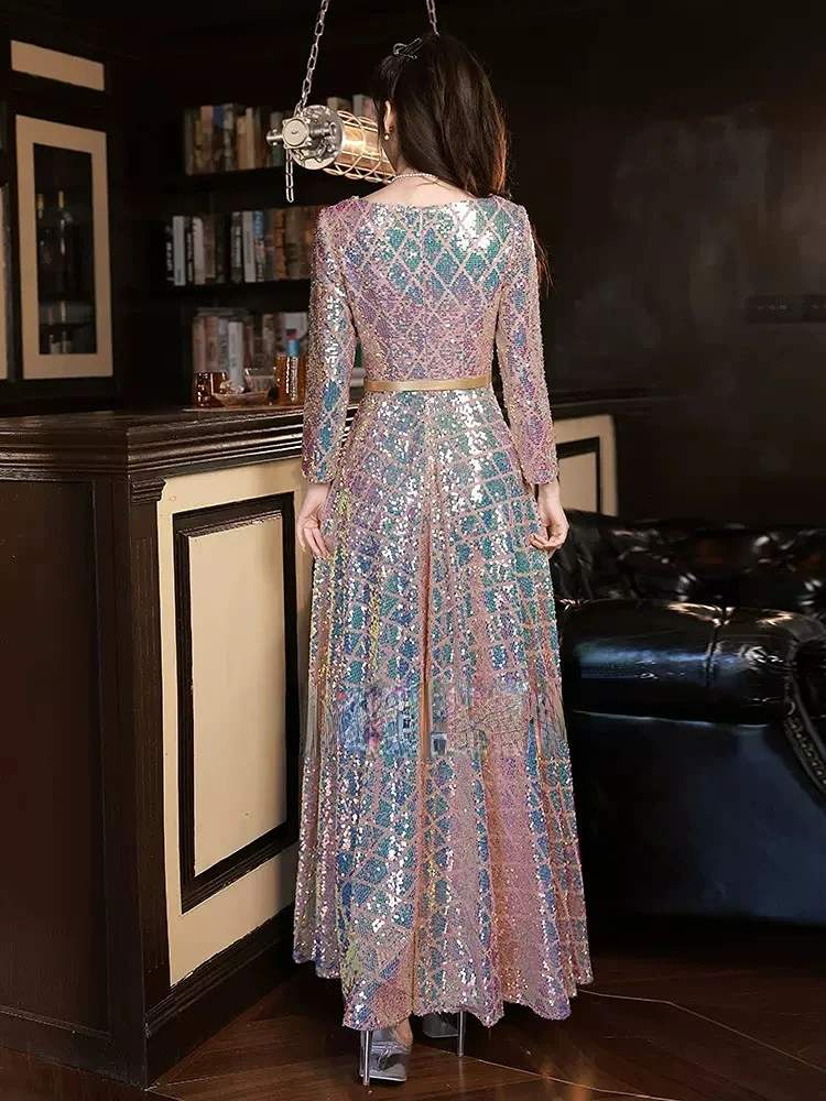 Robe de soirée à col en v, tenue de soirée à paillettes, manches longues, droite, longueur au sol, grande taille, fermeture éclair personnalisée au dos