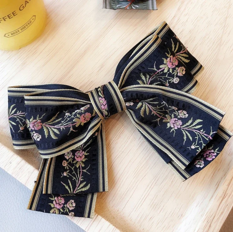 

Korean Floral Hair Bows Clips pin Retro Embroidery Flowers Sweet Mori Headdress Bow Pin Haar Accessoires for Women