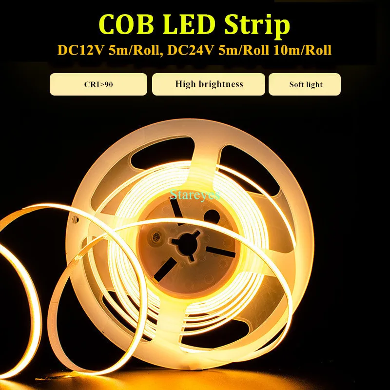 FCOB LED Strip Light 320 480 LED/m DC12V DC24V High Density Flexible COB Led Light Ra80 Ra90 LED Tape Rope Linear Dimmable