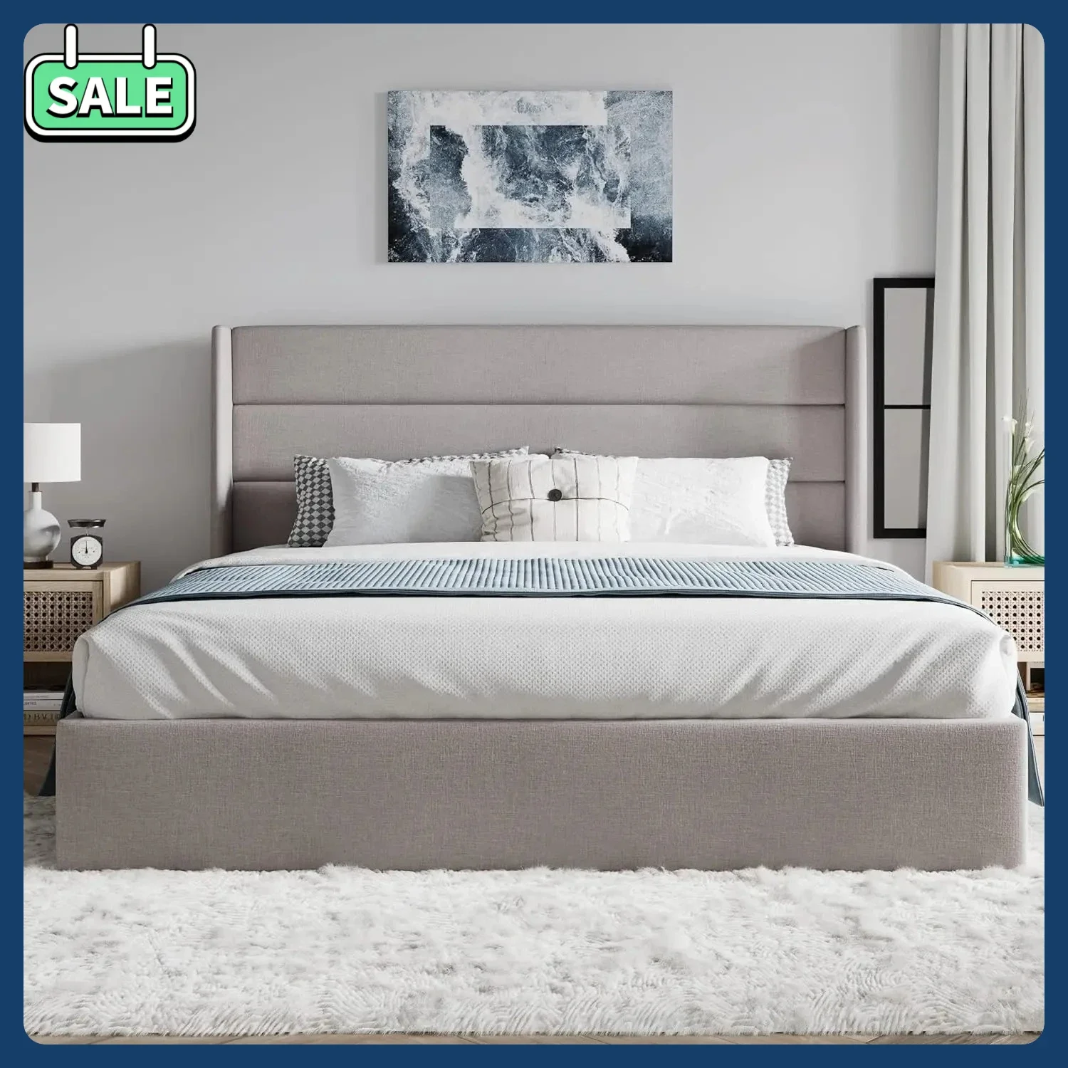 เตียงยกเก็บของขนาดควีนไซส์ทันสมัย โครงเตียงหุ้มเบาะพร้อมหัวเตียงแบบมีปีก ไม่ต้องใช้ฐานรองเตียง