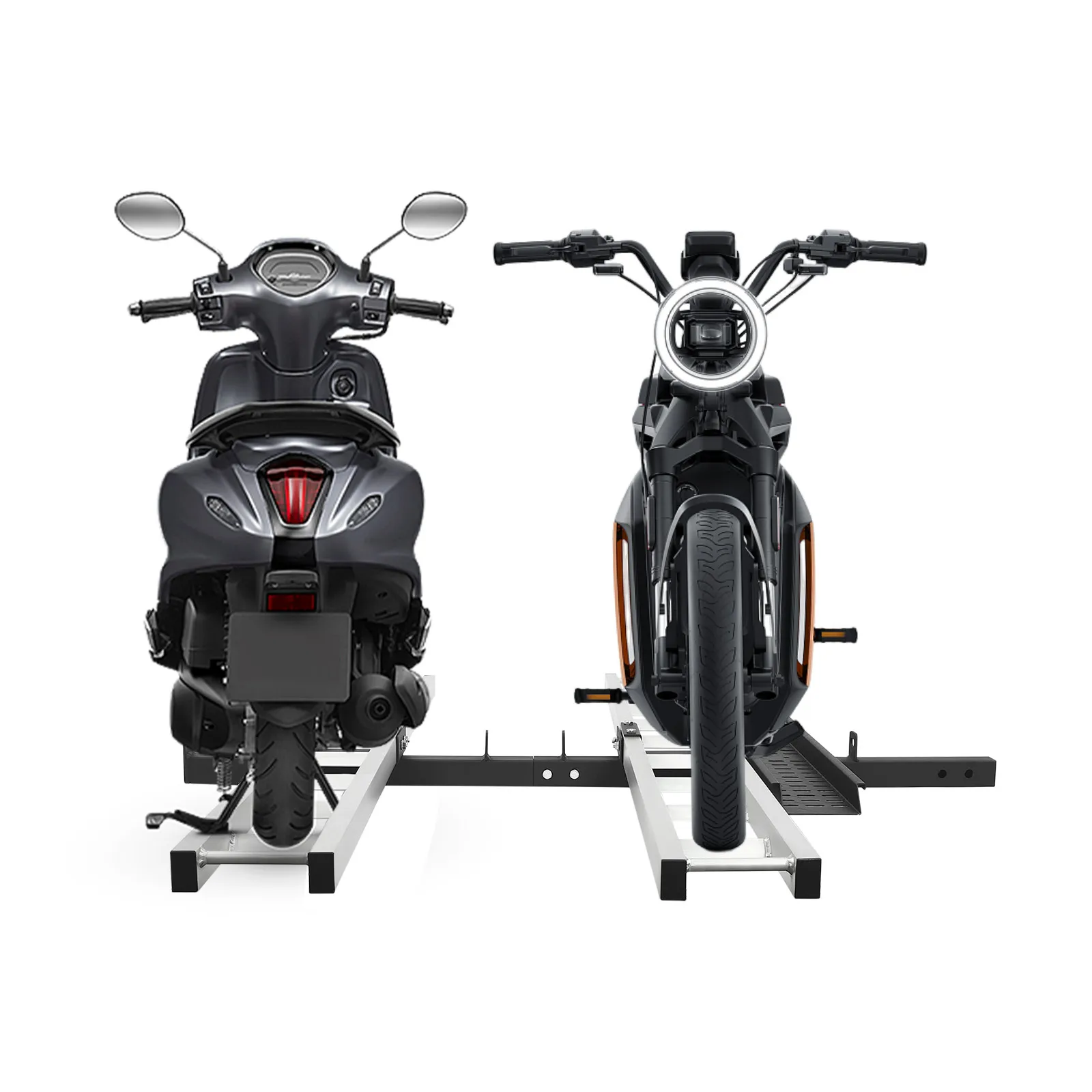 

Motorcycle Carrier 600lbs Aluminum Steel 4in Tire Width 75.25in Track 47in Ramp 12 Straps Black Silver