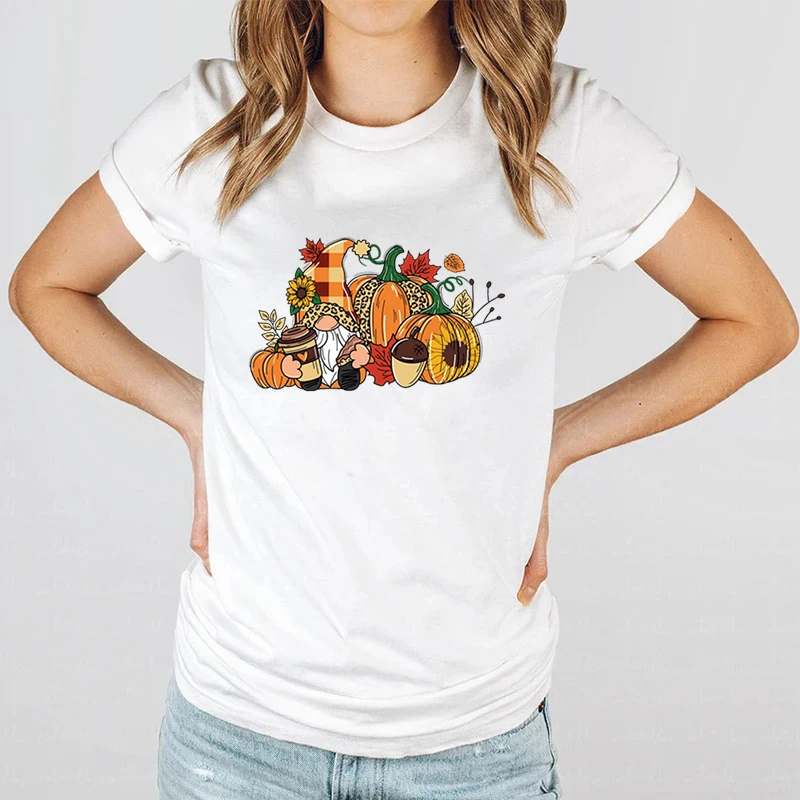 

Fall Gnome Pumpkins Print T-shirts For Women Halloween Short Sleeve Crew Neck Gnome T-shirt Fall Pumpkin T-shirt Halloween Gifts