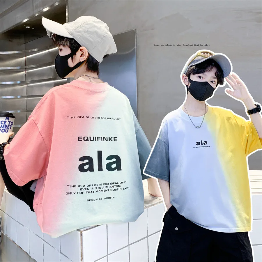 

2026 New Summer Boys Short Sleeve T-Shirt Korean Casual Child Tshirt Gradient Cotton O-Neck Clothes Kids Tees Tops 5-14Years Old