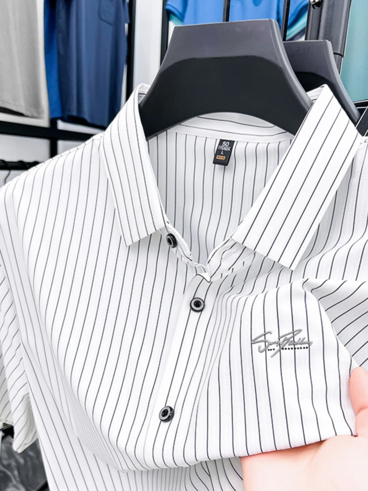 

High-End Silk Men's ort Sve irt Midlife Busin Casual Real Ice Silk Stripe irt High Elastici Anti-Wrink...