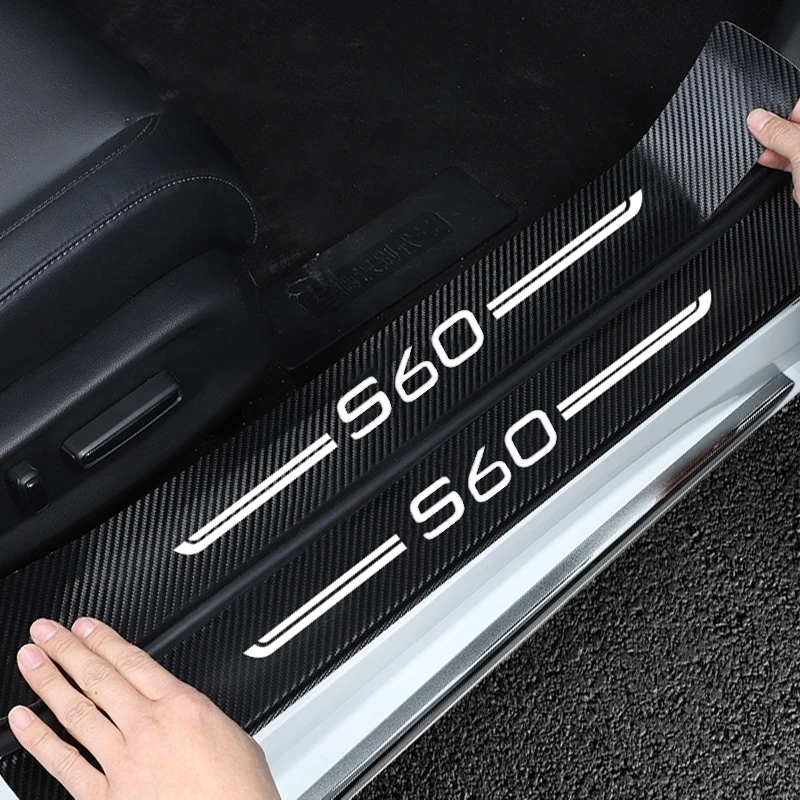 Carbon Fiber Car Threshold Stickers Door Sill Scuff Plate for Volvo S60 Logo 2000-2023 Rear Trunk Bumper Guard Strips Styling