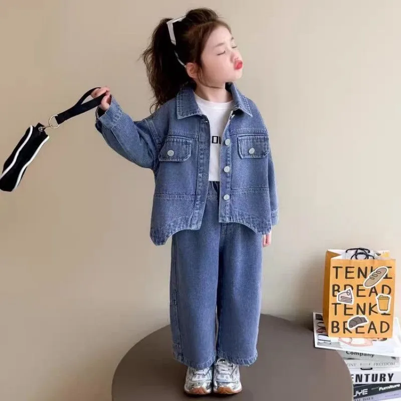 

Girls' Casual Denim Suit Spring Autumn New Style Two-Piece Set with Jacket And Jeans Children's Fashion Outfit