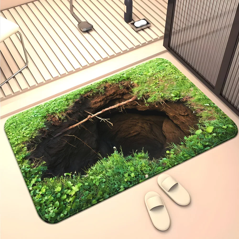 1pc Hole‑In‑Grass Visual Illusion Area Rug, Non‑Slip Absorbent Machine‑Washable Polyester Mat for Bathroom, Bedroom