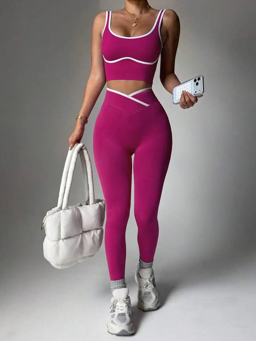 

Womens Seamless Yoga Set Color Block Sports Bra And Leggings Fitness Workout Two Piece Set