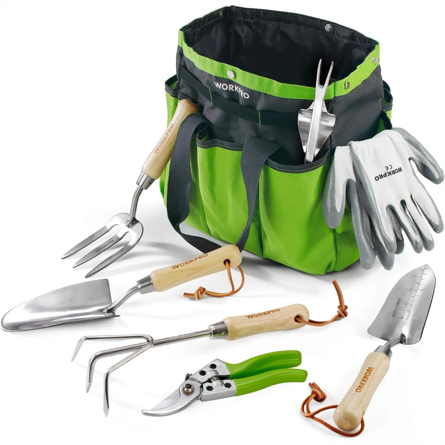 

Garden Tools Set, 8 Piece Stainless Steel Heavy Duty Gardening Tools with Wooden Handle, Including Tote Bag, Gloves, Pruners,
