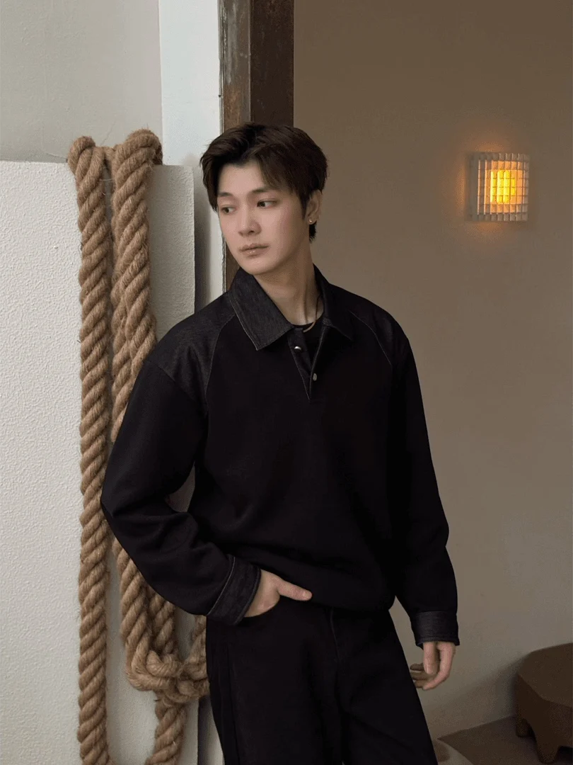 

Bla American Sle irt Long Sve Men's Autumn Faionable Base Layer irt Hoodie Stand Fit Youth ular Cotto...