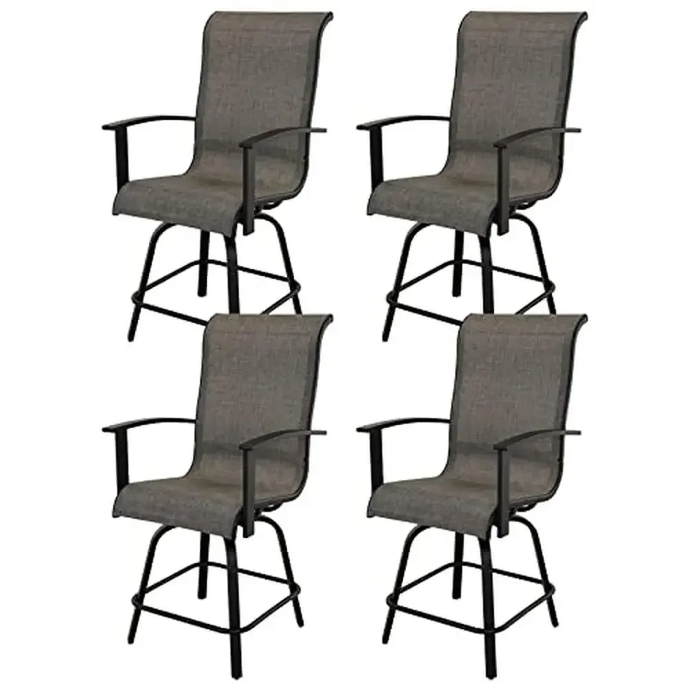 

360° Swivel Outdoor Bar Stools Set of 4 Patio Chairs with Armrests Yard Deck Porch Sling Fabric Coffee Color 24" Height Steel