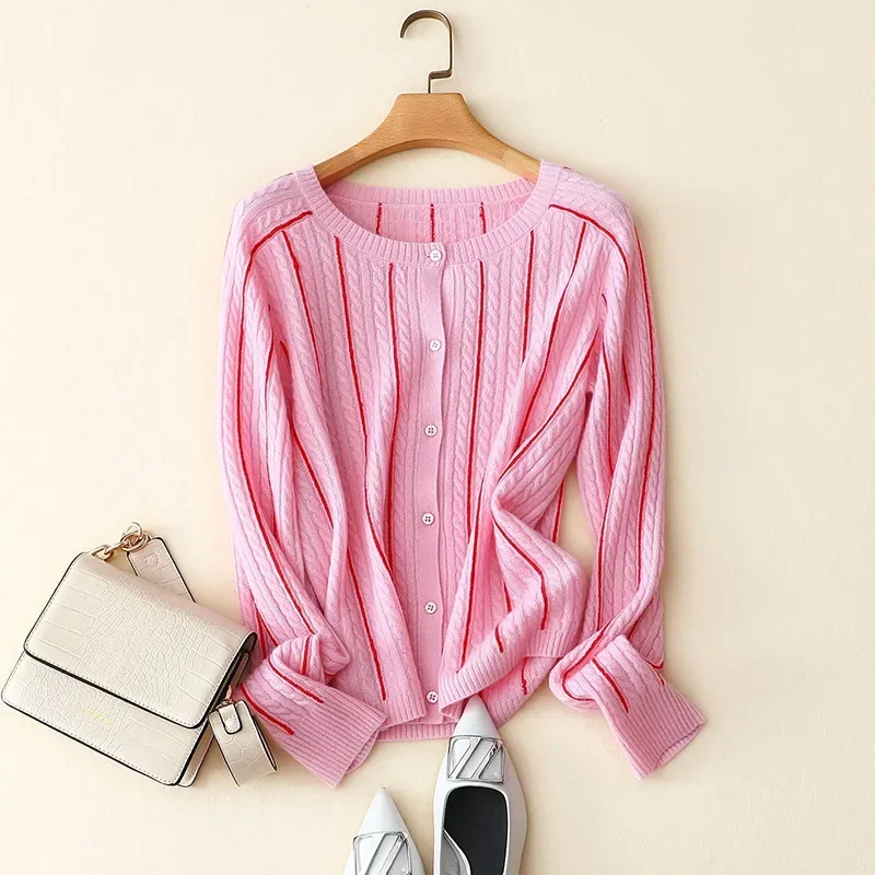 spring autumn new crew neck striped cardigan long sleeve cable knitted women's 100% cashmere short cardigan