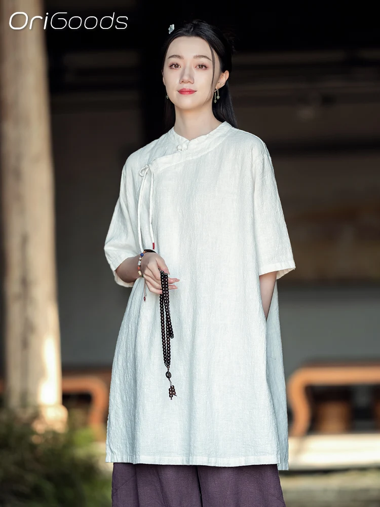 OriGoods Chinese style Short Sleeve Summer Long Shirt Women Ramie Cotton Vintage Zen style Long Blouse Tops 2024 New Shirts C043