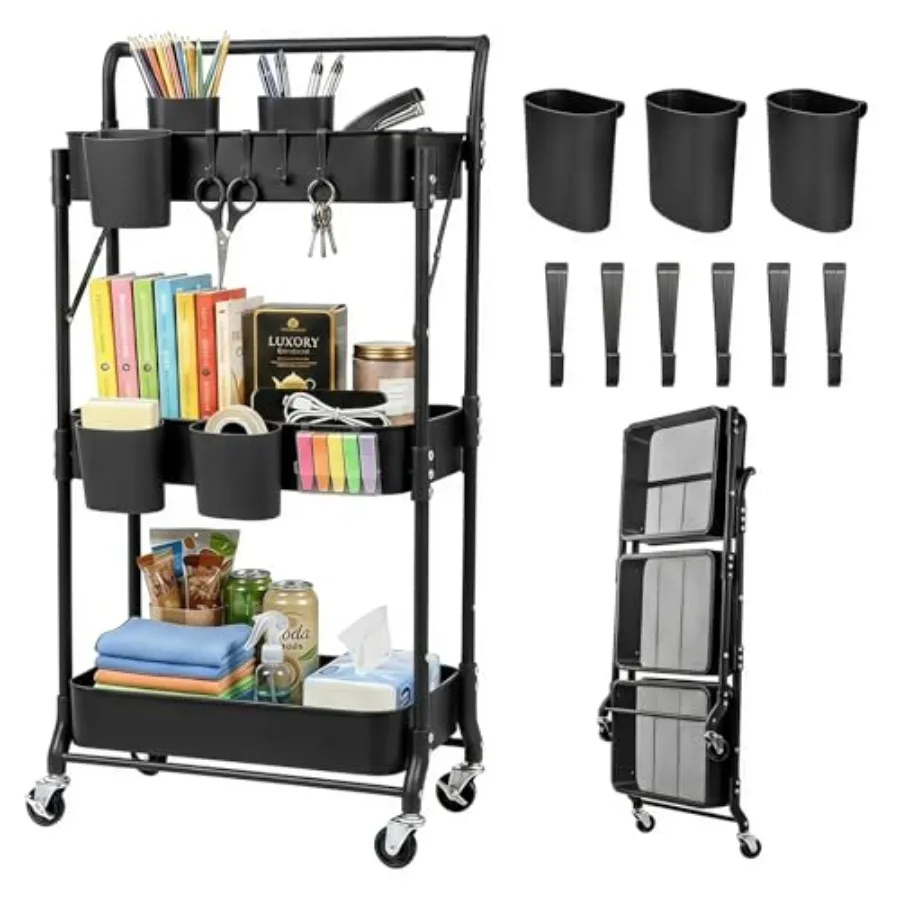 3 Tier Foldable Rolling Cart with Wheels, Folding Utility Cart Organizer, Collapsible Rolling Storage Cart with 3 Hanging Cups