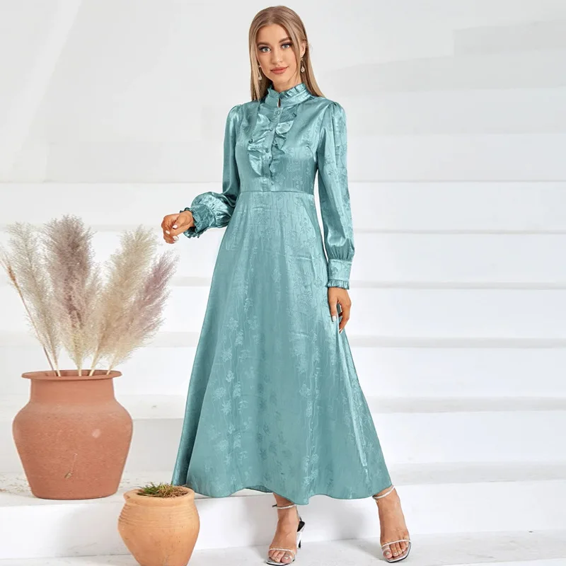 Women Eid Muslim Dresses Lantern Sleeve Turtleneck Gorgeous Dubai Party Dress Vestidos High Waist Solid Color Elegant Kaftan