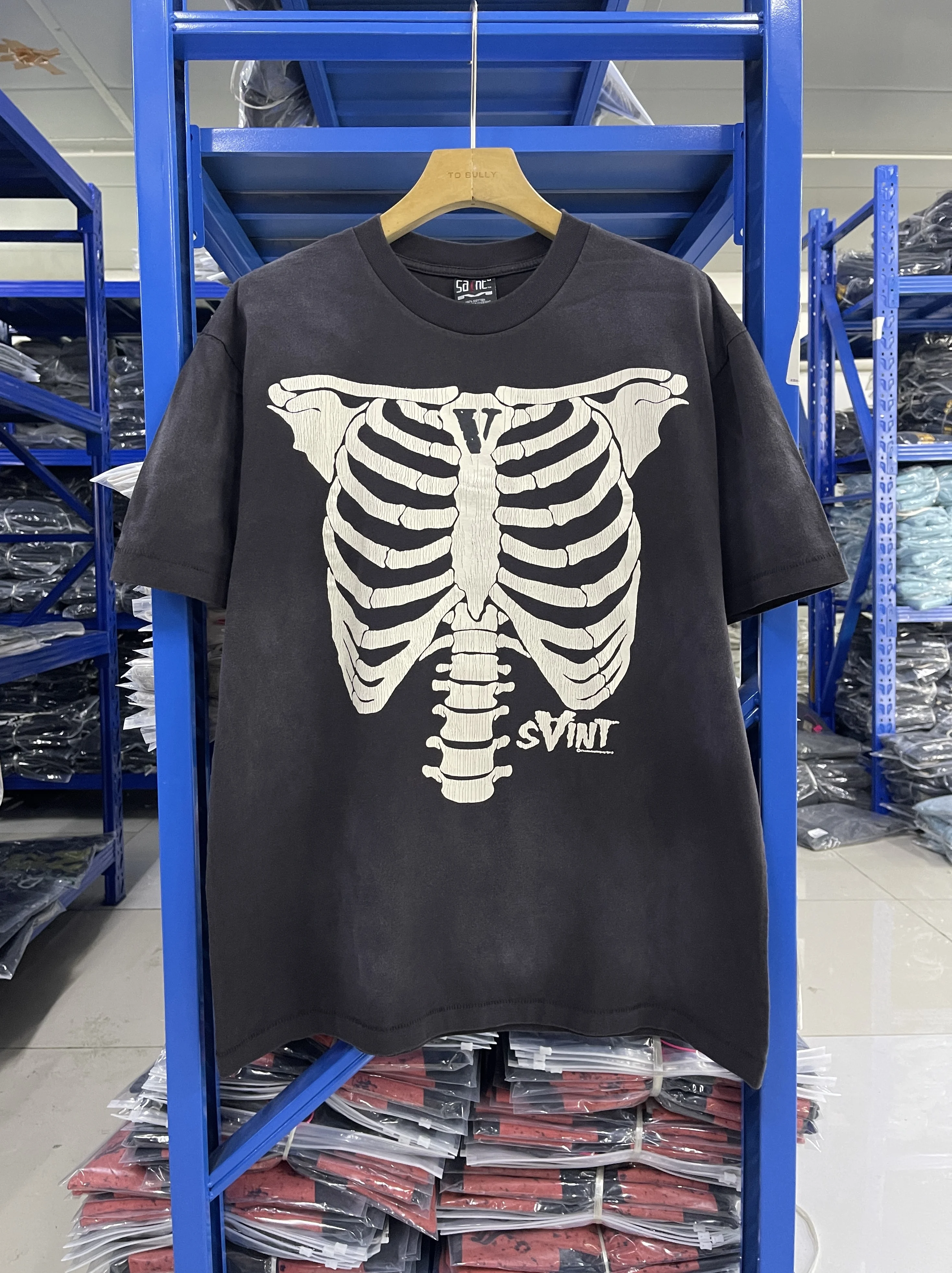 Vintage Saint 25SS Round Neck Skeleton Printed Water Washed High Street Casual Loose Cotton Oversize T-shirt Trendy Rock Top