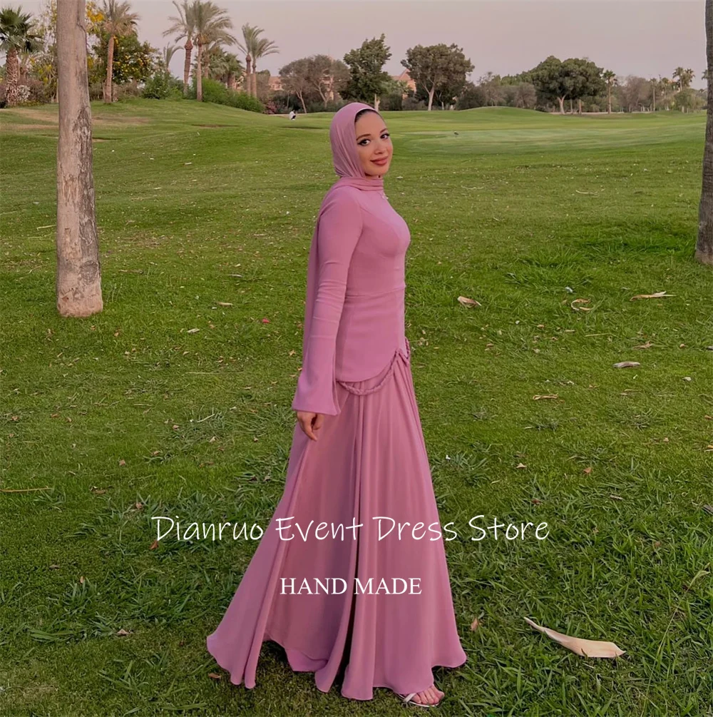 Dianruo uma linha fitas vestido de noite chiffon maxi vestido para ocasiões festivas muçulmano mangas largas abendkleider dubai personalizado