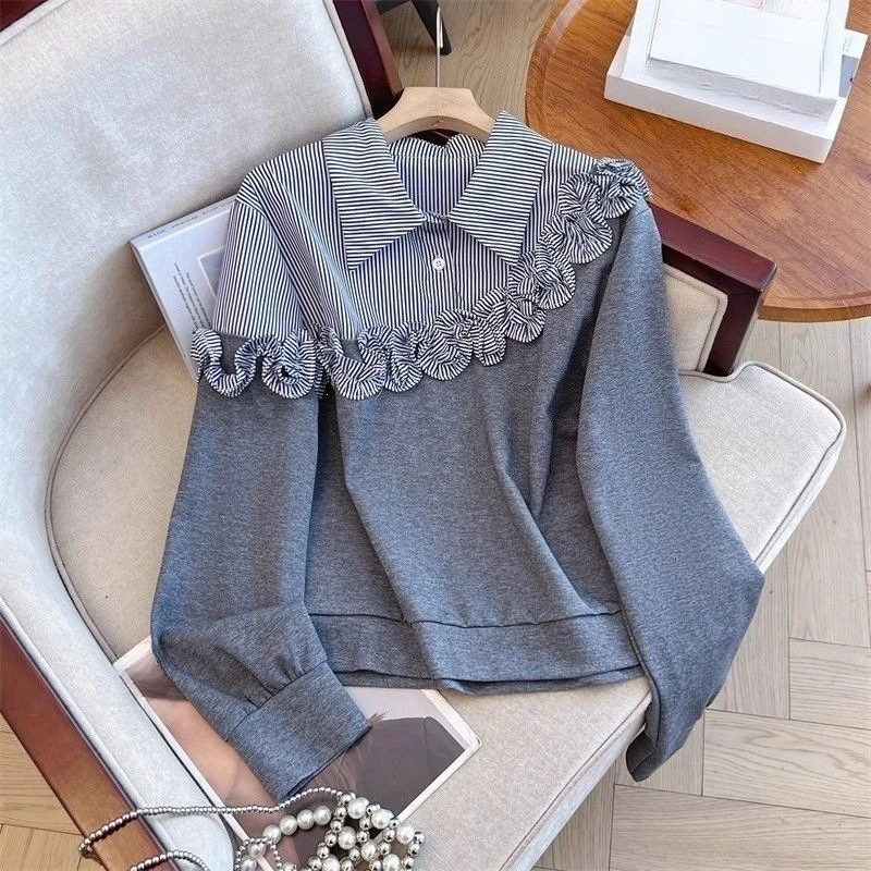 Korean Stripe Patchwork Hoodies Women's Clothing Two Pieces Casual Sweatshirts 2026 Ropa Mujer Fashion Chic Ruffled Tops