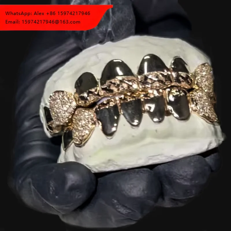 

Hiphop Grillz For Teeth Gold Plated Custom 925 Silver Dazzling VVS Iced Out Moissanite Grillz