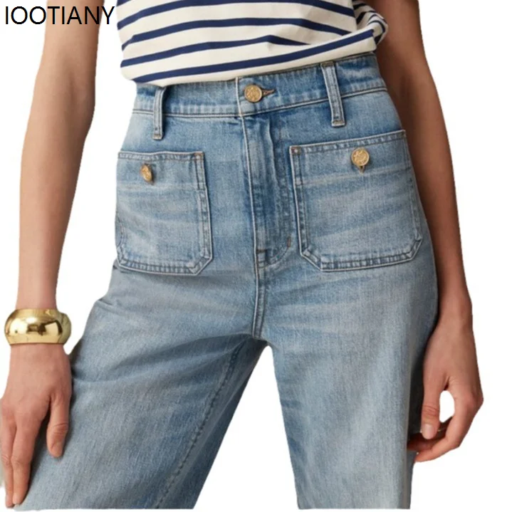 Women's Jeans Jeans Clothing New Loose Square Pocket Wide Leg Casual Bleached Button Slightly Flared Jeans Full Length