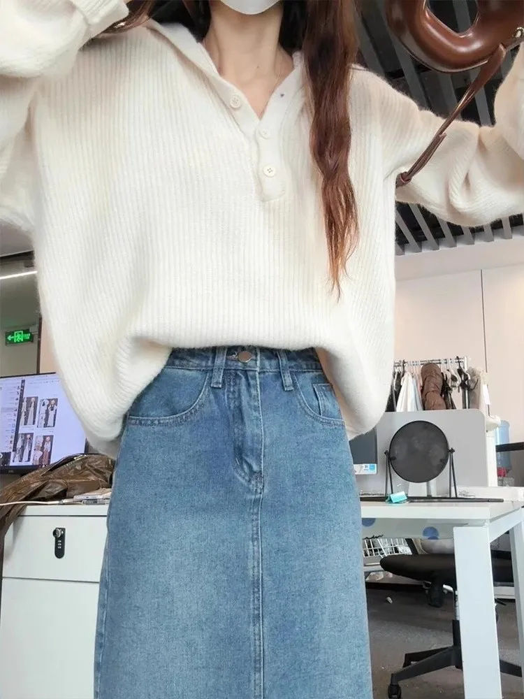 سترة نسائية محبوكة باللون الأزرق irt كسول Sle سترة نسائية ناعمة ومريحة لخريف 2025 سترة كورية جديدة دافئة حرارية طويلة بقلنسوة