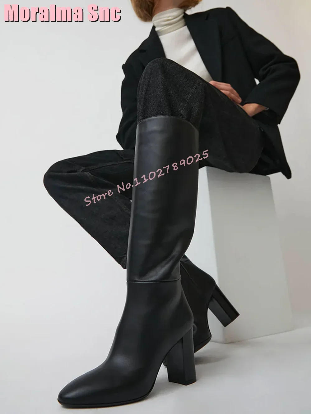Fashion Pointed Toe Plain Brown Knee High Boots Block High Heel Side Zipper Sexy Fashion Concise Women\'s Long Boots Autumn 2024