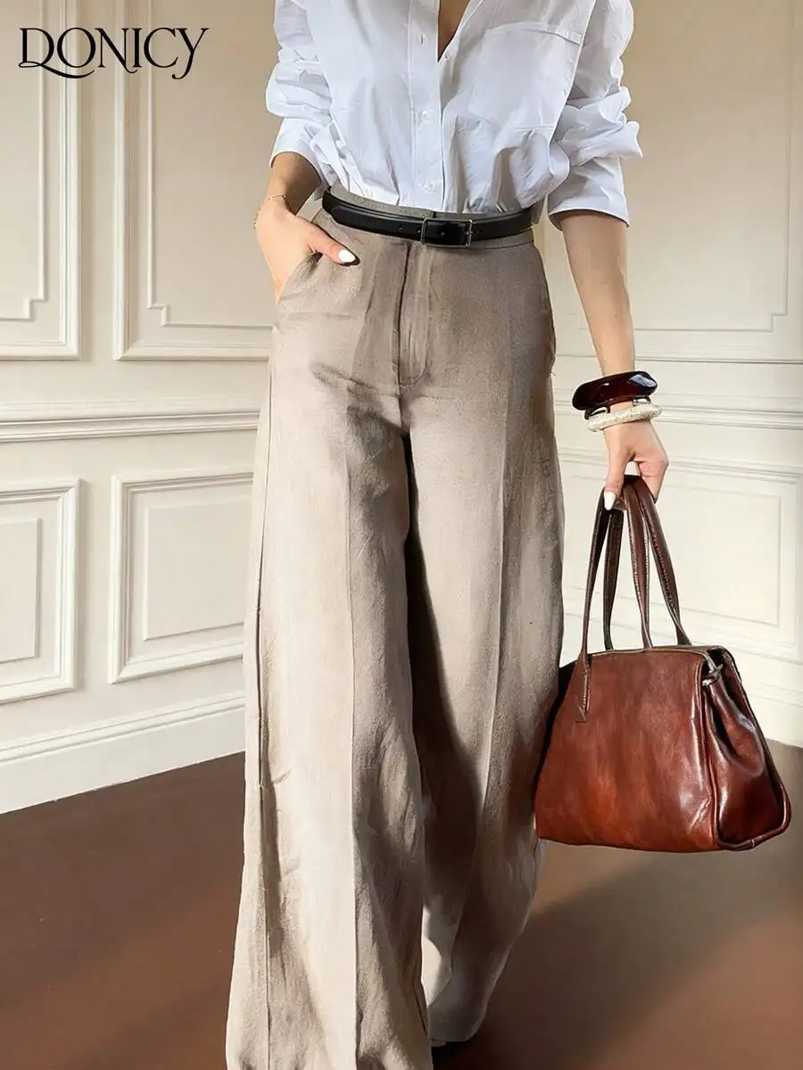 

Женские брюки с высокой талией и широкими штанинами, бежевые, однотонные, в винтажном минималистичном стиле для офиса и повседневной носки