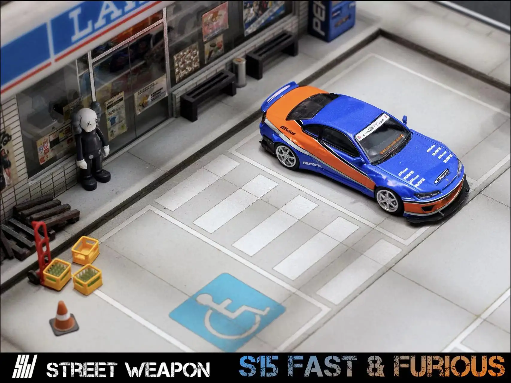 **Pre-order ** SW 1:64 Silvia S15 Pandem Rocket Bunny FNF Blue Orange Model Car