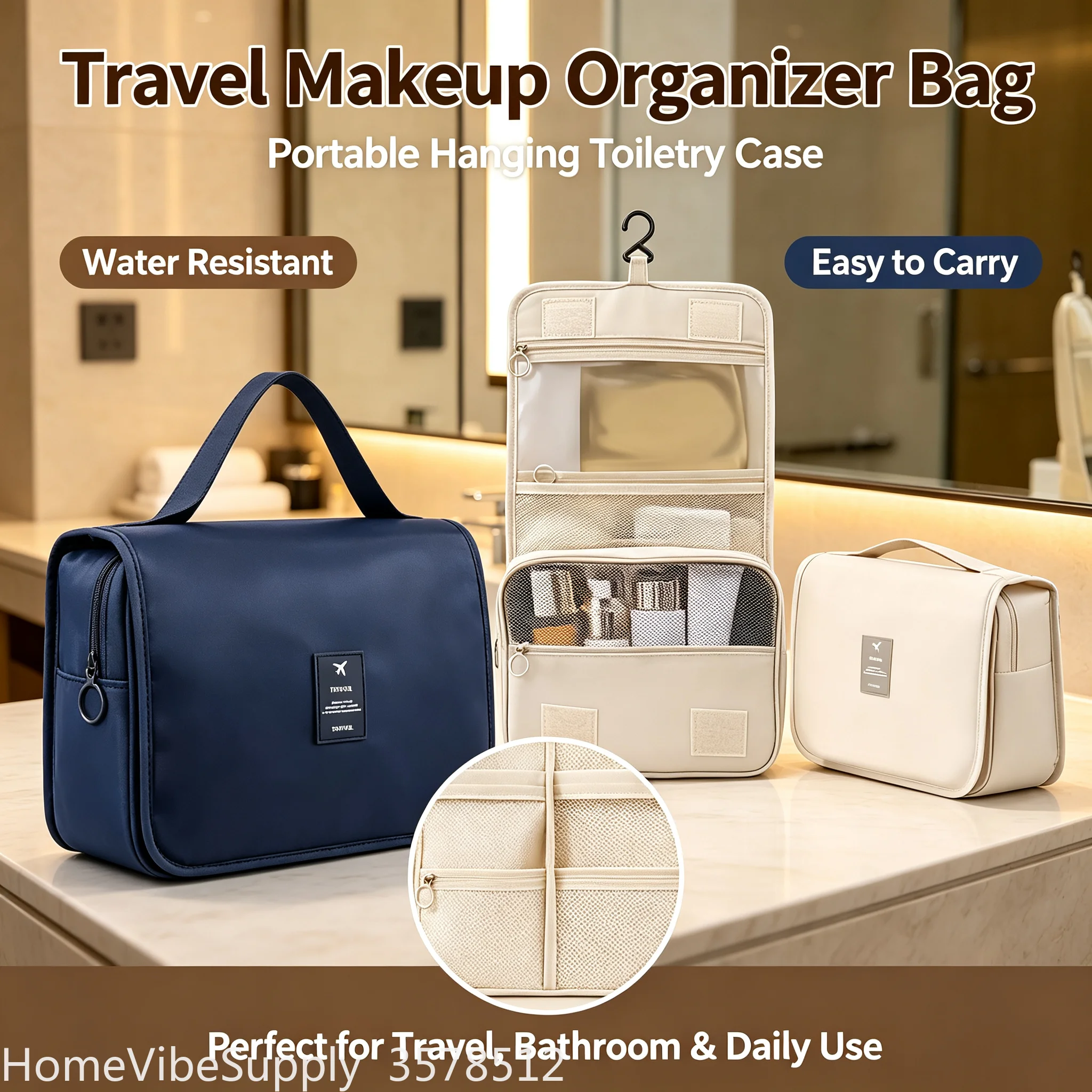Portable Large Capacity Hanging Cosmetic Bag with Hook, Premium Handheld Multifunctional Makeup Toiletry Storage Bag for Travel