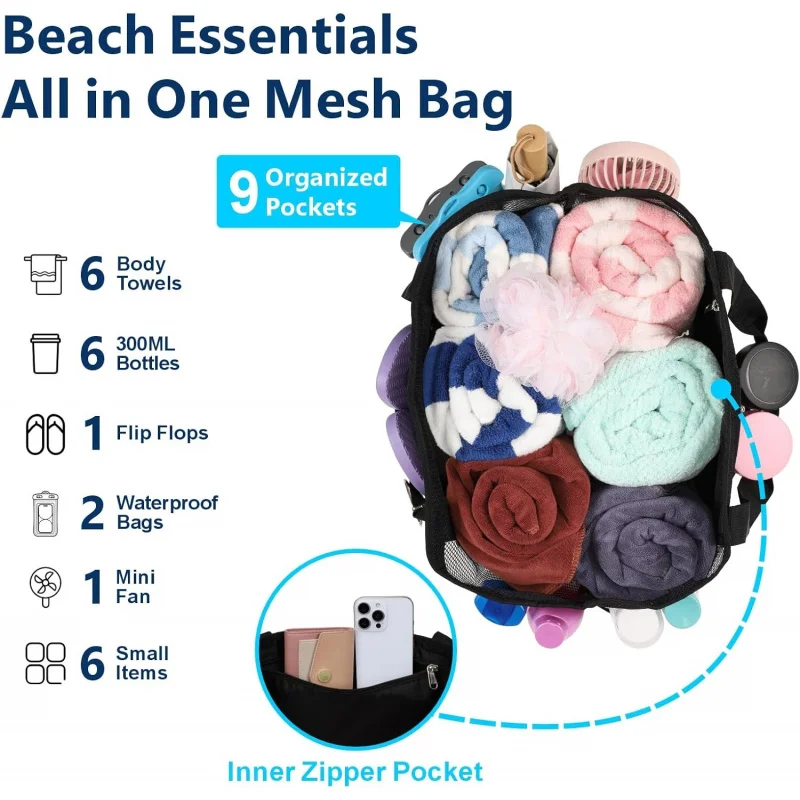 Oversized Mesh Beach Bag With 9 Pockets Quick Dry Sand Free Toy Organizer Tote Pool Cruise Travel Must Haves view 5