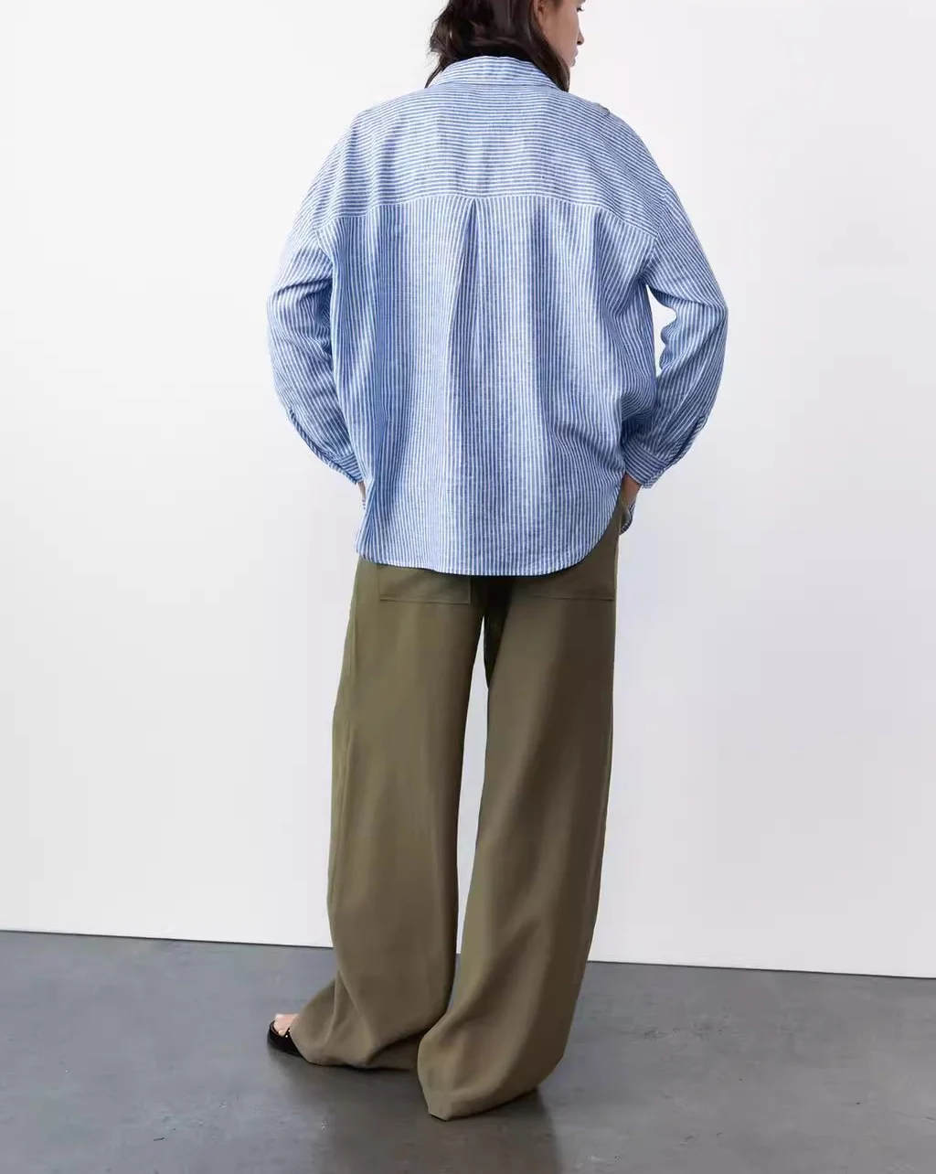 Wiosna Lato Nowy Luźny Krój Paski Mieszanka Lnu Kołnierzyk Długi Rękaw Damska Moda Klasyczna Uniwersalna Codzienna Koszula