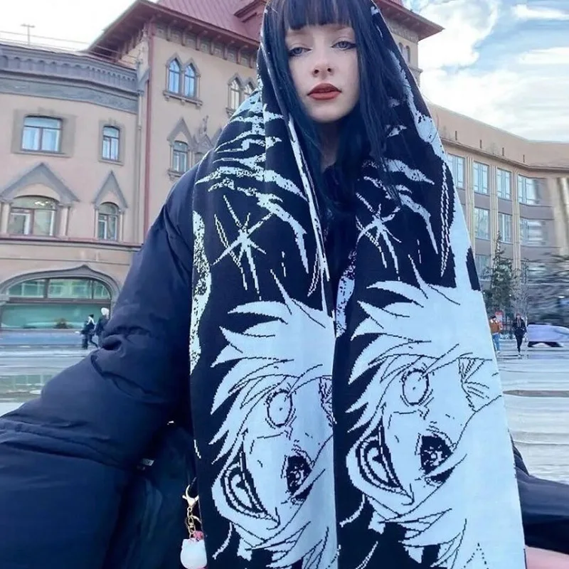 Retro Harajuku Casual Double-sided Cartoon Jacquard Design Scarf Autumn Winter New Fashion Street Lovers Same Scarf