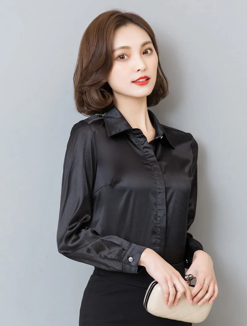 Women Imitation Silk Satin Blouse Button Long Sleeve Ladies Office Work Elegant Female Shirts S-4XL