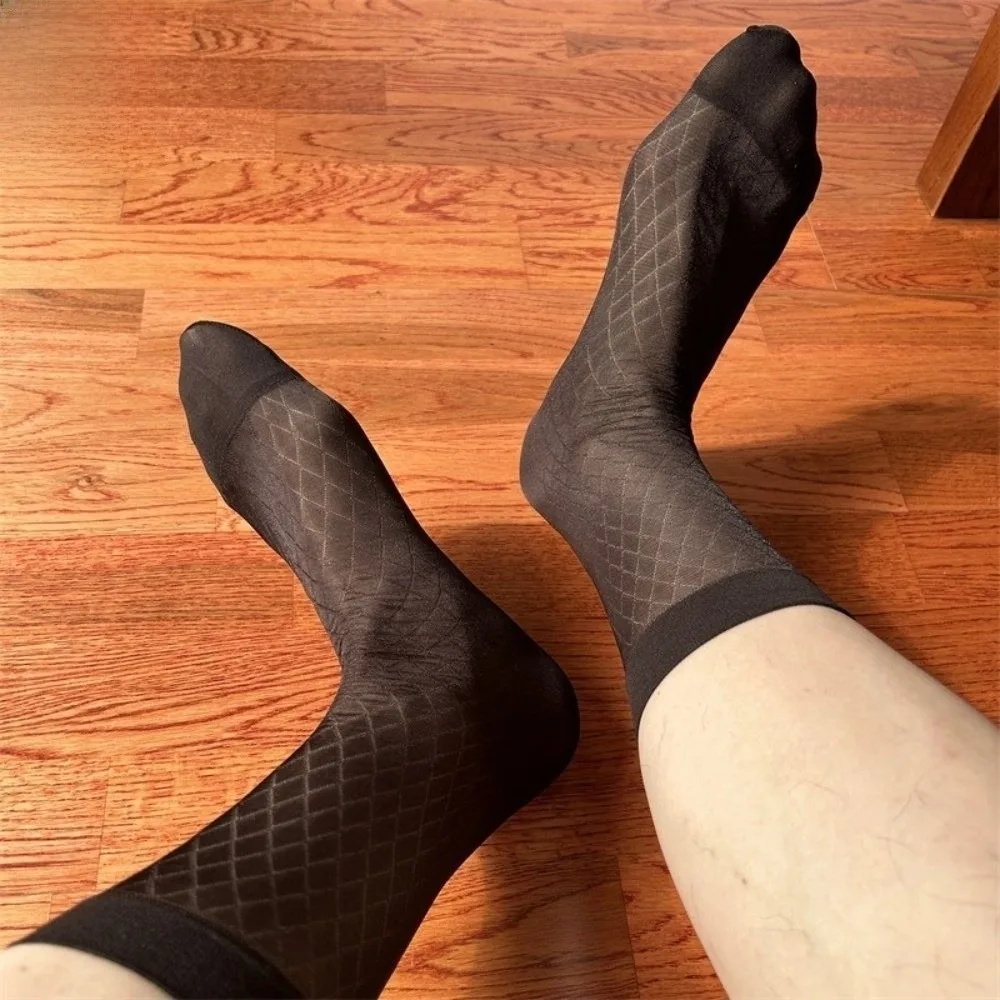 Suit Socks Mid-calf Dress Socks Grid Mesh Thin Business Socks Strip Men's Socks Formal